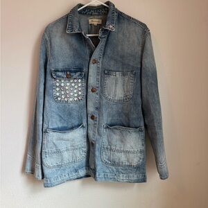 Madewell Light Blue Denim Jacket with Pink Daisy Embroidery
